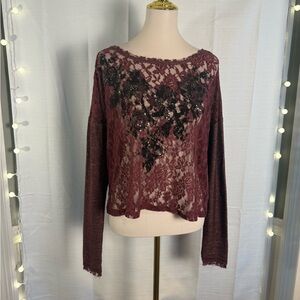 Miss Me Burgundy Lace Blouse with Black Floral Accents